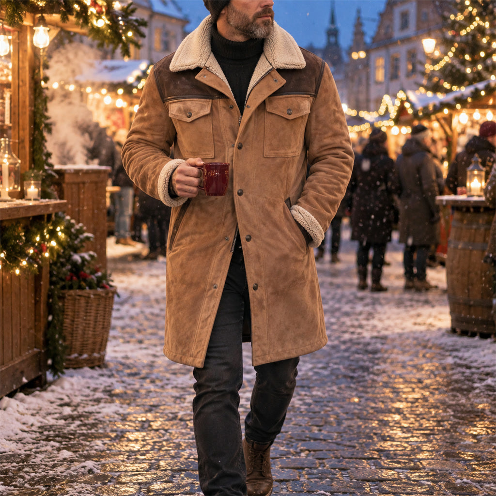 Langer Herren-Wintermantel in Wildlederoptik mit Teddyfell-Kragen für kalte Tage und Winterspaziergang – Druckknöpfe, Brusttaschen, Camel, S bis XL