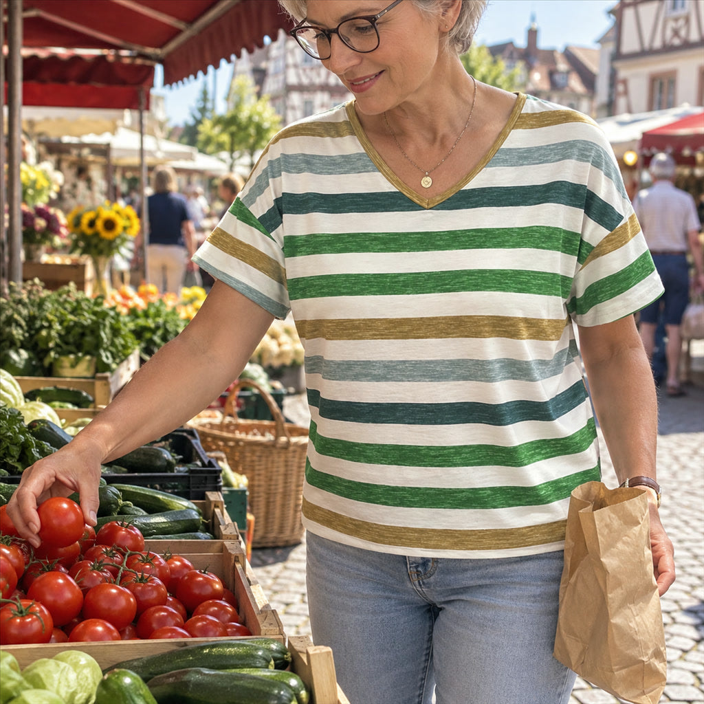 Gestreiftes Damen-T-Shirt mit V-Ausschnitt für Alltag, Ausgehen und Zuhause – locker geschnitten, mehrfarbige Streifen, S bis 2XL, Grün oder Orange