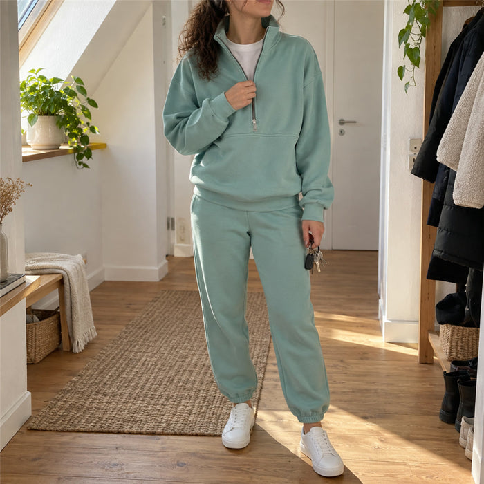 Zweiteiliger Damen-Jogginganzug mit Half-Zip-Oberteil und Jogginghose für Zuhause und Sport – locker, weich, S bis XL, Rosa, Grün oder Blau
