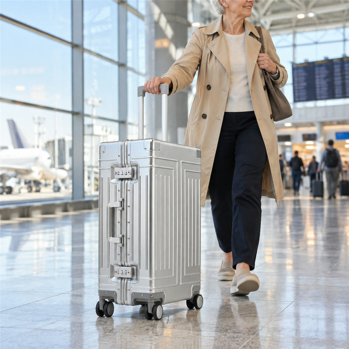 Reisekoffer aus Aluminium-Magnesium-Legierung, 24 Zoll, für Wochenreisen und Flugreisen – Spinner-Rollen, Teleskopgriff, TSA-Zahlenschloss, Silber