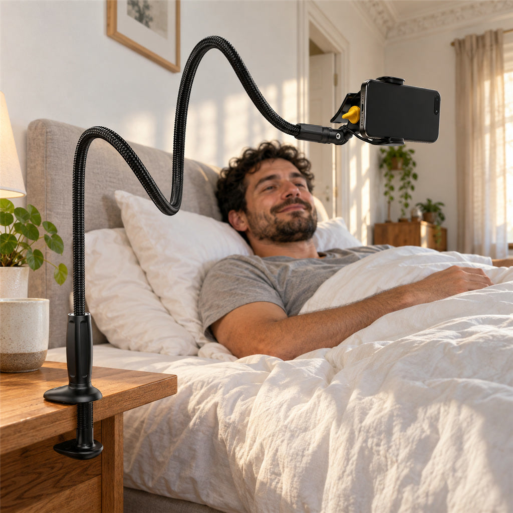 Schwanenhals-Handyhalterung mit Klemme fürs Bett für Serien, Videocalls und Hörbücher – 100 cm flexibler Arm, für Geräte von 4 bis 7 Zoll, Schwarz
