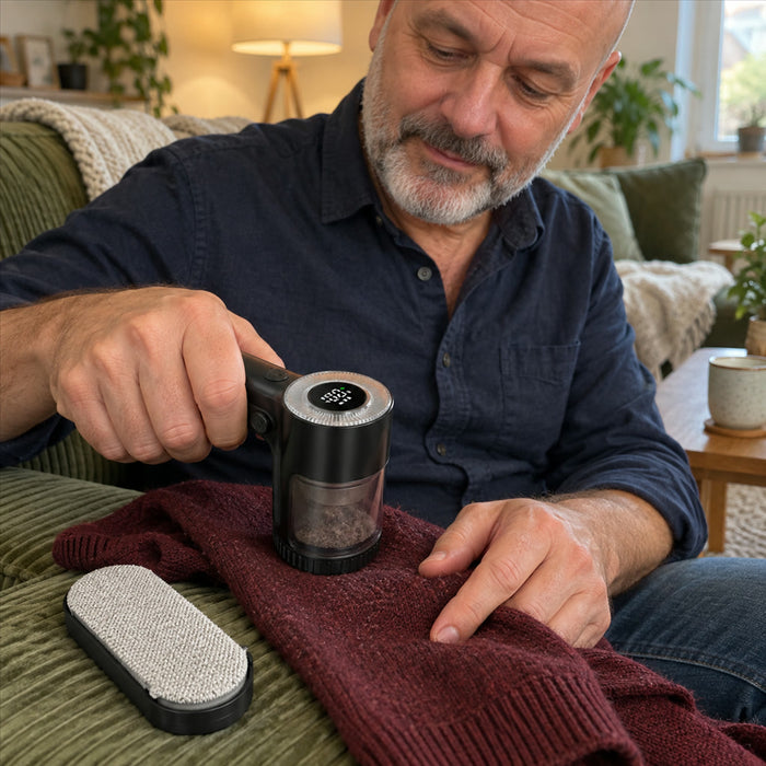 Elektrischer Fusselrasierer mit Display und 3 Stufen für Pullover, Strickjacken, Sofa und Decken – 2 in 1 mit Fusselbürste, Auffangbehälter