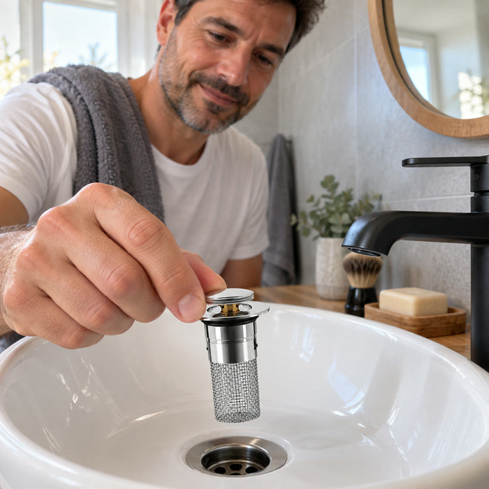 Pop-up-Abflussstopfen mit Siebkorb für Waschbecken in Bad, Gäste-WC und Ferienwohnung – Druckverschluss, Edelstahlsieb hält Haare zurück, abnehmbar