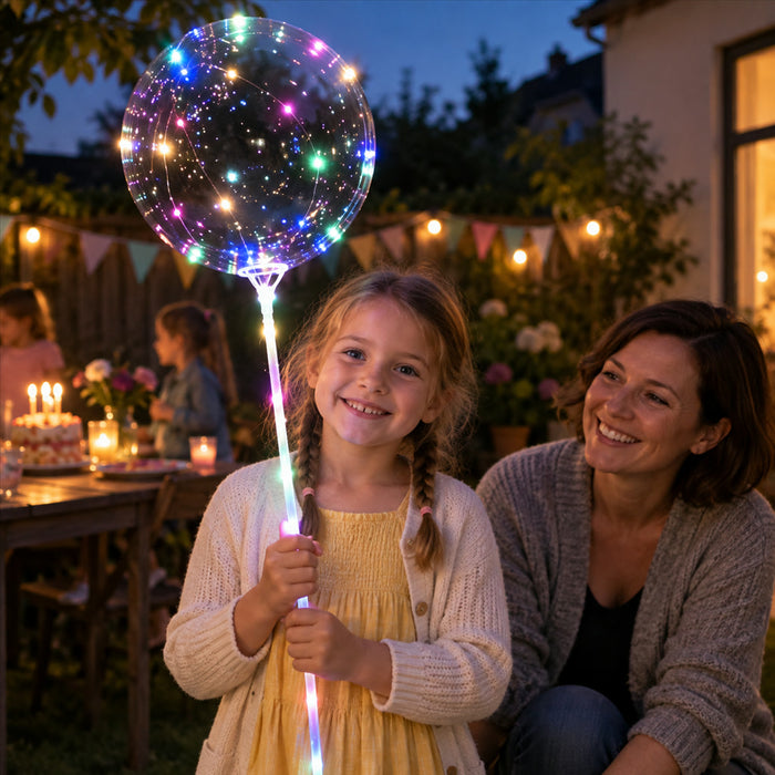 LED-Ballons mit Lichterkette und Haltestab für Geburtstag, Hochzeit, Gartenparty und Silvester – transparent, wiederverwendbar, 4 Lichtfarben
