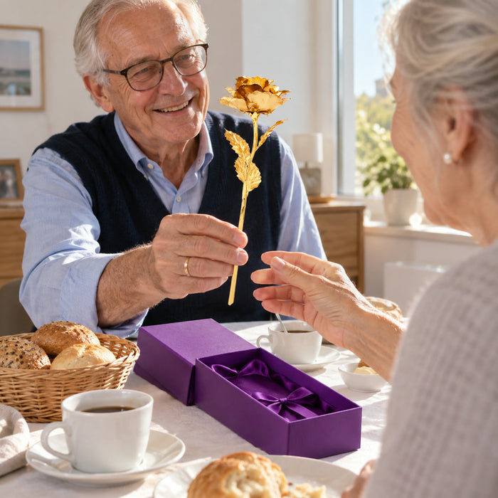 Goldene Deko-Rose mit langem Stiel in Geschenkbox mit Tragetasche als Geschenk zu Jahrestag und Valentinstag – Goldfolien-Optik, braucht kein Wasser
