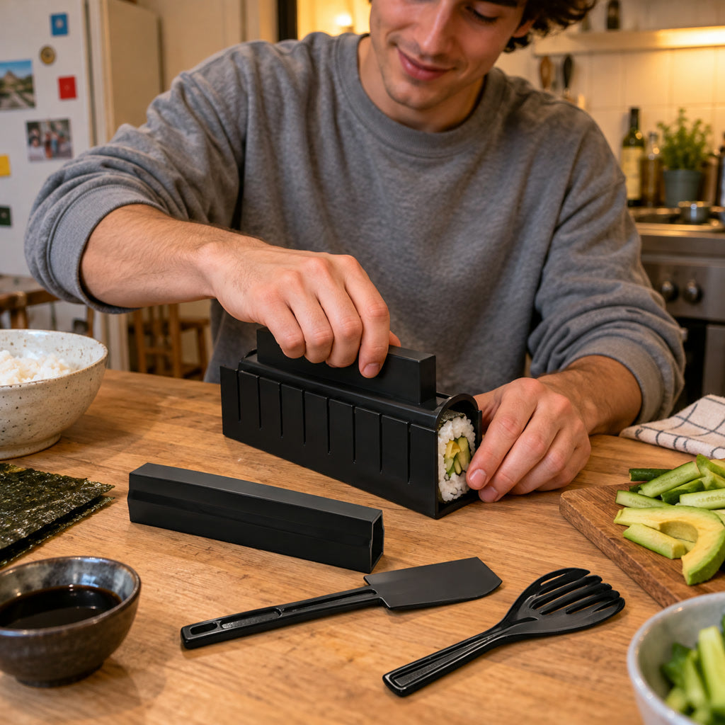 Sushi-Form-Set für selbstgemachte Maki-Rollen für Familie, WG und Kochabende – Pressform mit Deckel, Reislöffel und Spatel, gleichmäßige Rollen