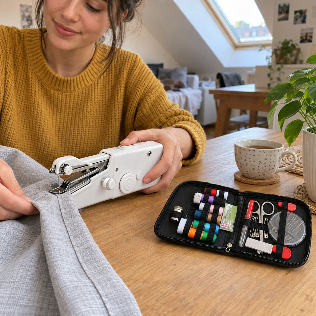 Elektrische Hand-Nähmaschine mit Nähset für kleine Reparaturen zu Hause – für Säume, Nähte und Gardinen, handgeführt, kompakt verstaubar, Weiß