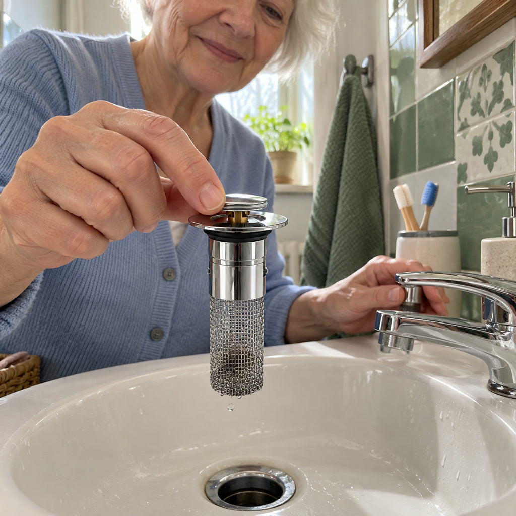 Abflussstopfen mit Siebkorb für Waschbecken in Bad und Küche – fängt Haare auf, hält Gerüche zurück, bleibt im Abfluss, herausnehmbar, Chromoptik