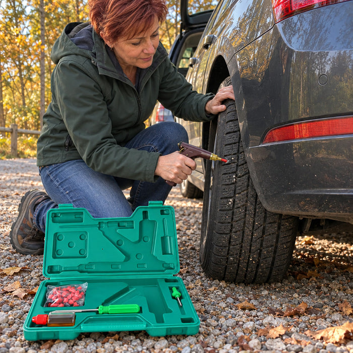 Reifenreparaturset im Koffer mit Einsetzpistole und Pilzstopfen für Auto und Motorrad – Notreparatur von außen, mit Stechahle, kompakt