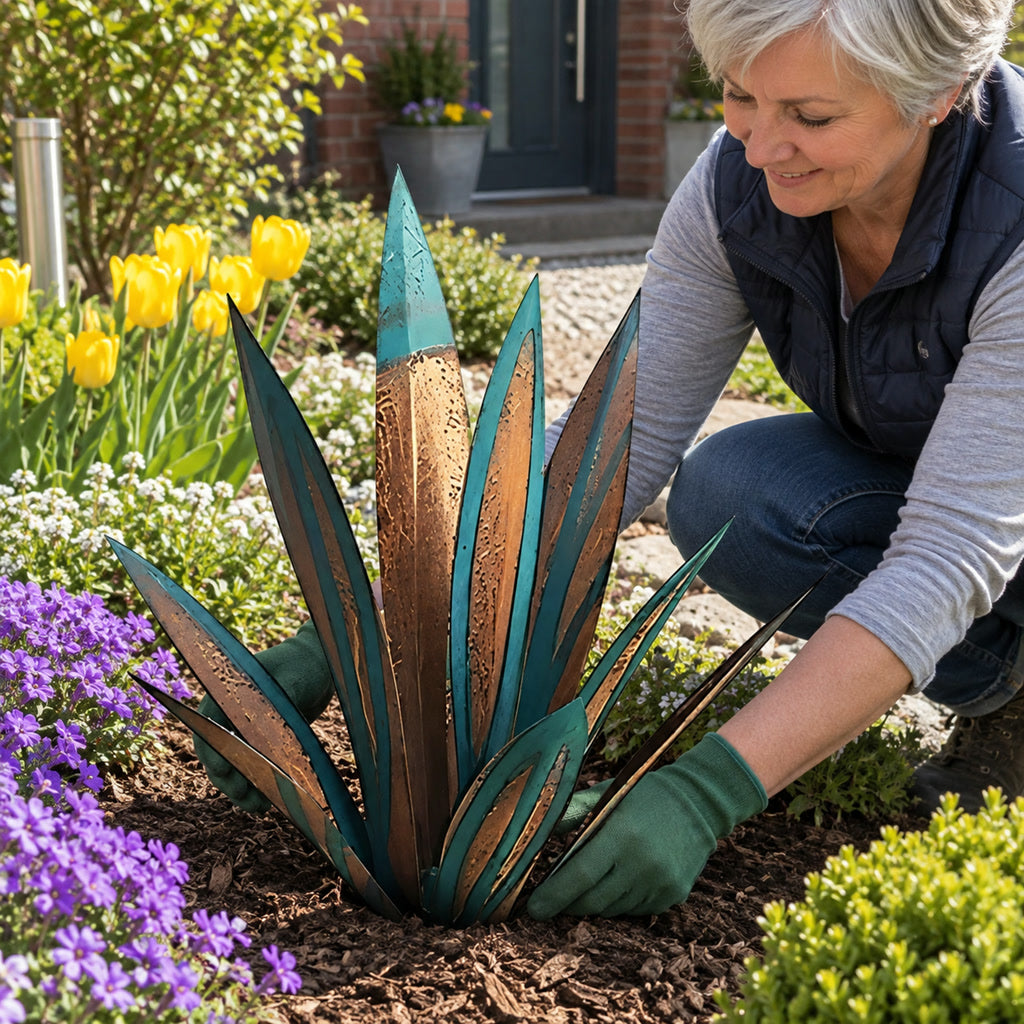Deko-Agave aus Metall für Garten, Terrasse und Wohnraum – handgefertigt in Rost-Optik mit Farbakzenten, wetterfest beschichtet, 7 Farben