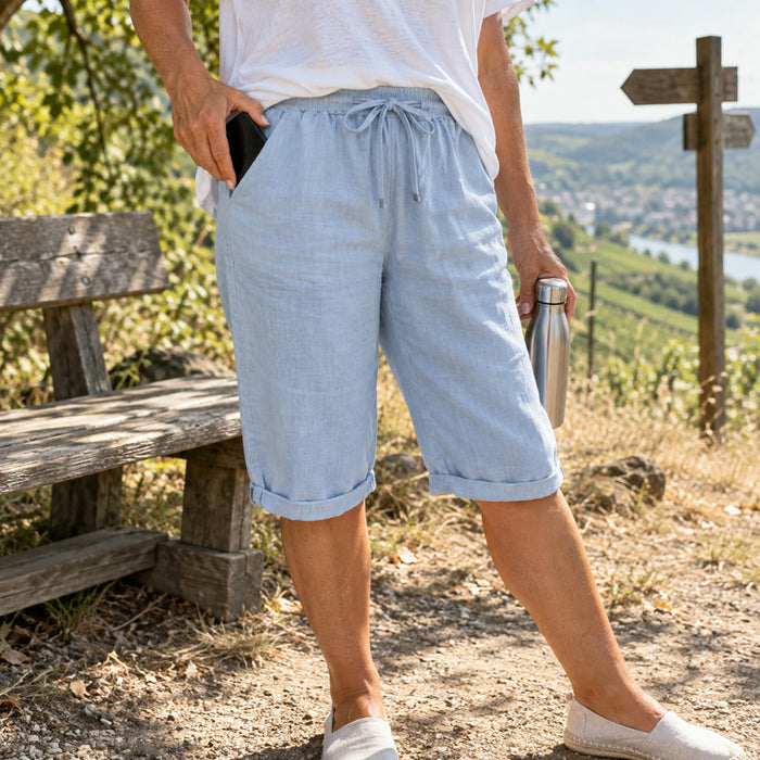 Bequeme Damen-Shorts aus Baumwolle und Leinen für Alltag, Ausflüge und Arbeit – elastischer Bund, zwei Seitentaschen, XS bis XL, 5 Farben