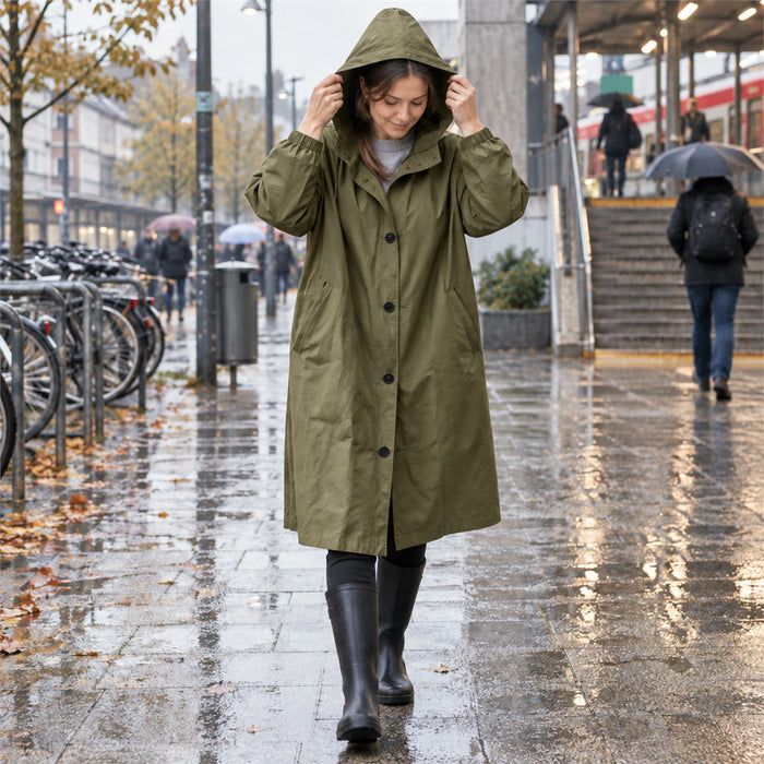 Langer wasserdichter Regenmantel für Damen mit Kapuze und Gürtel für Regentage und Arbeitsweg – atmungsaktiv, mit Taschen, S bis 3XL, 6 Farben