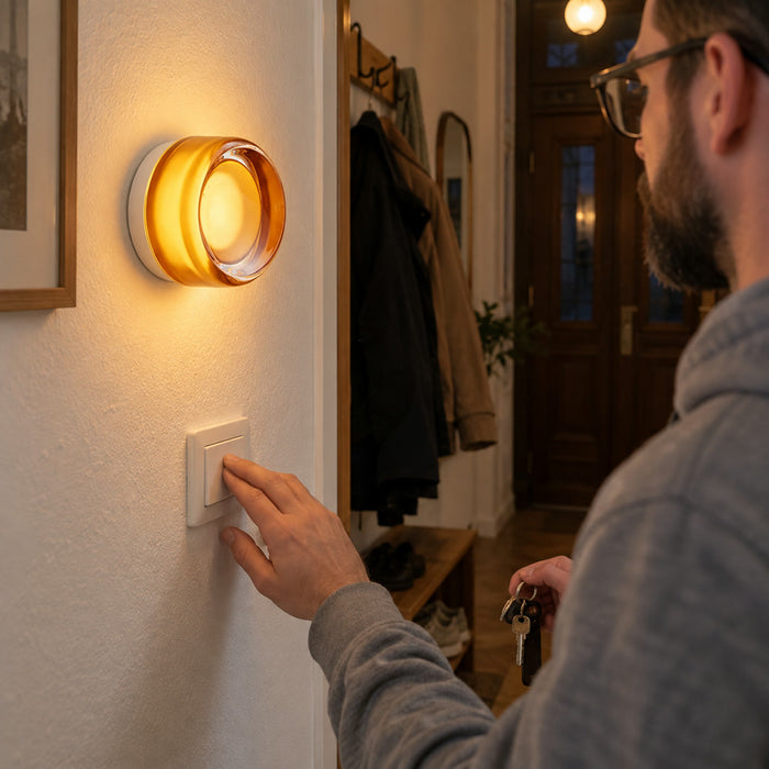 Runde LED-Wandleuchte mit dickem Glaskörper für Flur, Schlafzimmer und Wohnzimmer – Mulde in der Mitte, 3 Glasfarben, warmweiß oder 3 Lichtfarben