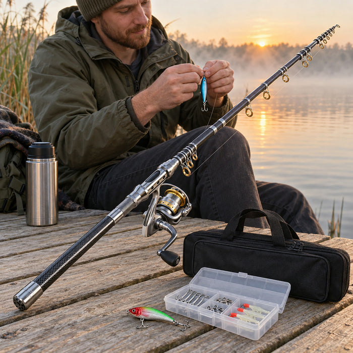 Teleskop-Angelset aus Carbon für Meer und Süßwasser – 1,8-m-Rute, Spinnrolle, 100 m Schnur, Köder, Haken und Nylon-Angeltasche