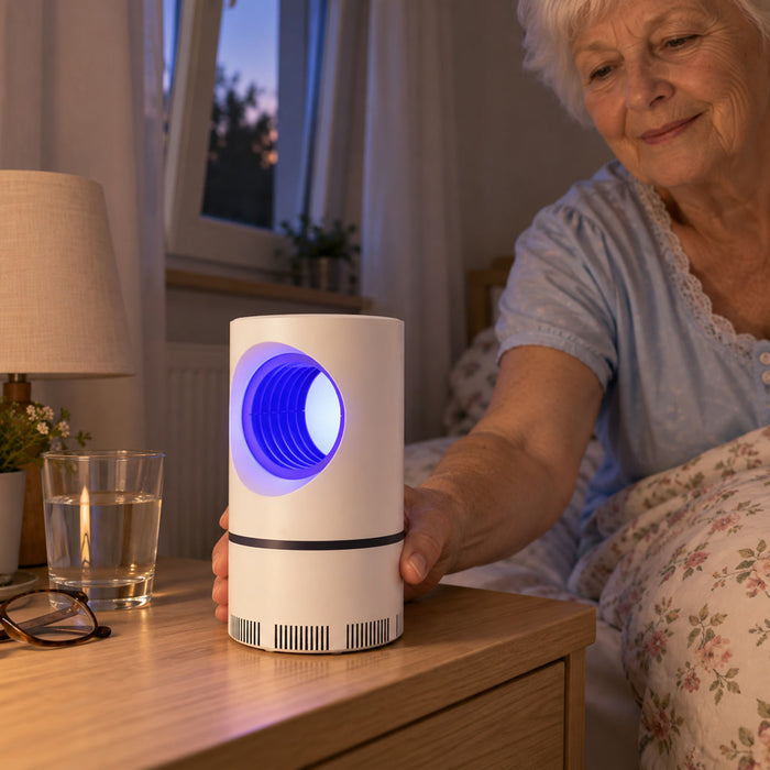 LED-Mückenfalle mit violettem Licht für Schlafzimmer und Wohnzimmer gegen Stechmücken in Sommernächten – ohne Flamme und Spray, rundes Gehäuse, Weiß