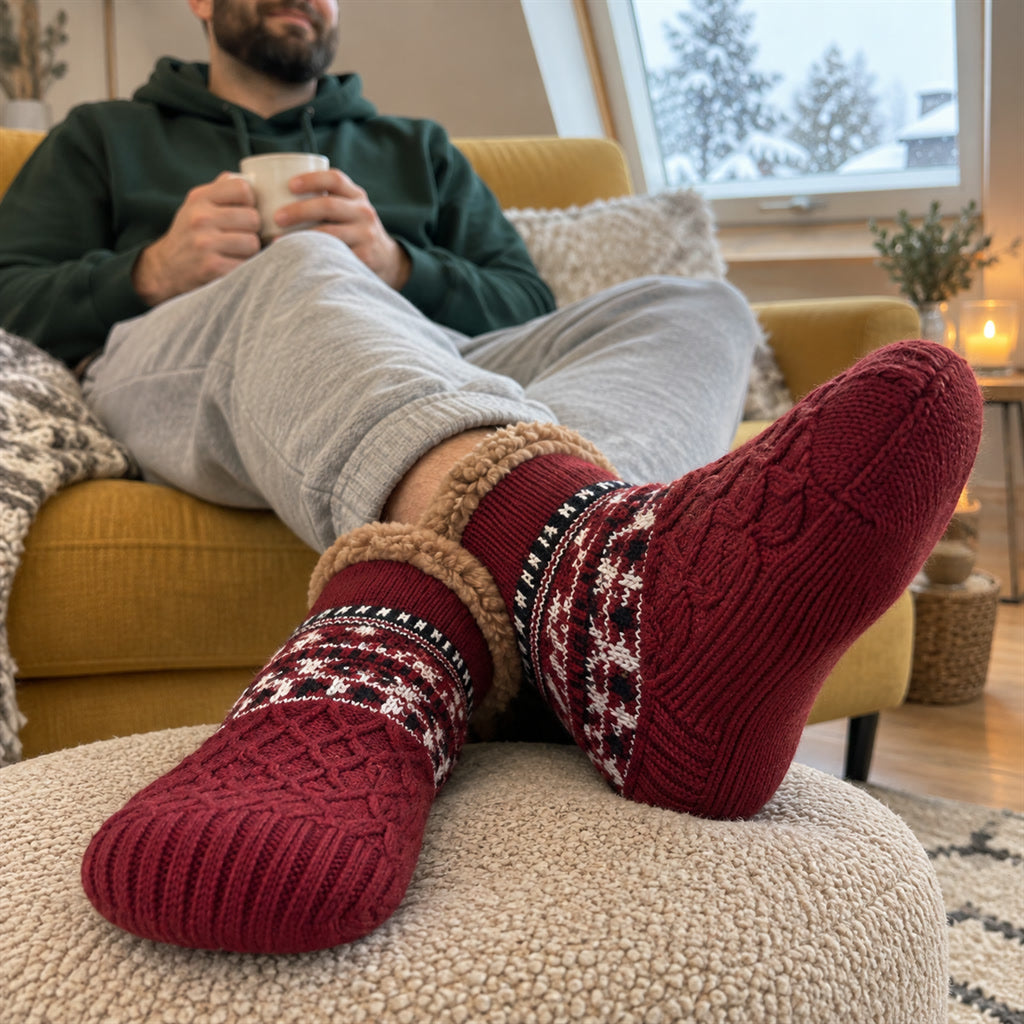 Strick-Hüttensocken mit Fleecefutter für gemütliche Abende zu Hause – Haussocken in 24 bis 30 cm, Blau, Beige oder Weinrot
