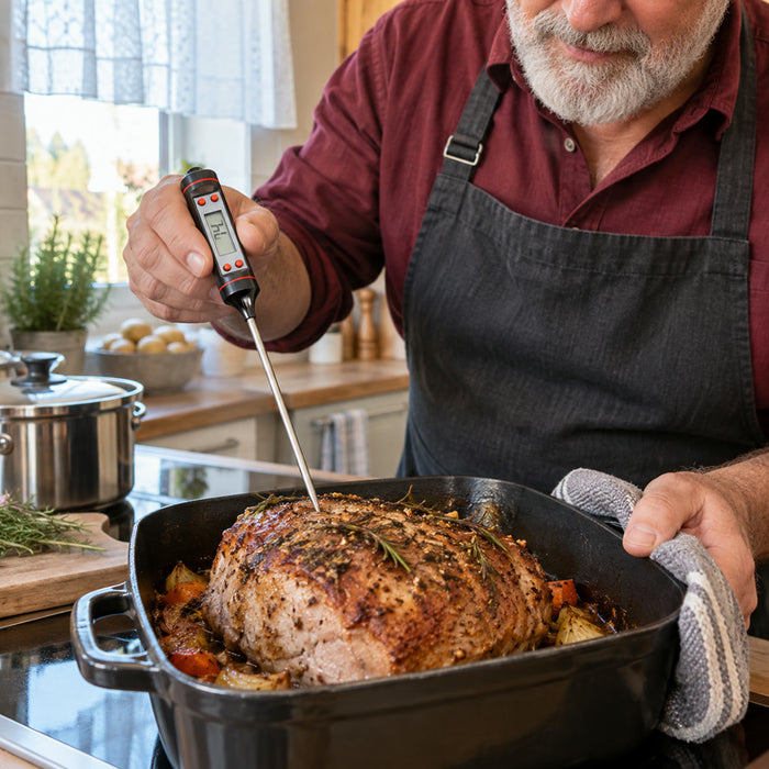 Digitales Küchenthermometer mit Einstechfühler für Fleisch, Geflügel, Fisch und Schokolade – −50 bis 300 °C, LCD-Anzeige, Edelstahl und ABS
