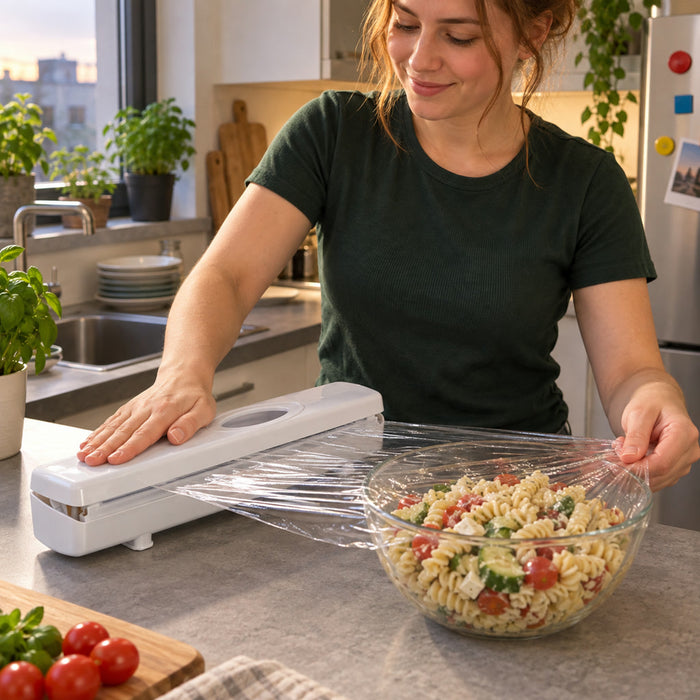 Folienspender für Frischhaltefolie, Alufolie und Backpapier für Küche und Vorratshaltung – für Rollen bis 30 cm Breite, mit Schneidmechanik