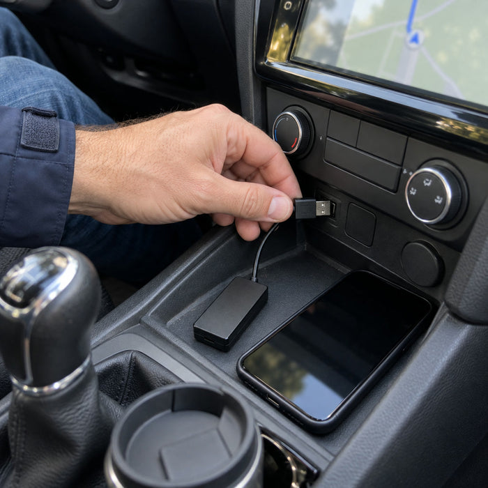 Kabellos-Adapter fürs Autoradio zur Smartphone-Verbindung ohne Kabel beim Fahren – USB-Stecker, Bluetooth und WLAN, für iOS ab 9.0 und Android ab 4.0