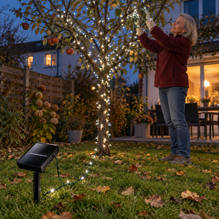 Solar-Lichterkette mit 100 LEDs für Garten, Bäume und Zaun – 17 m lang, schaltet sich bei Dämmerung automatisch ein, ohne Steckdose, 4 Lichtfarben