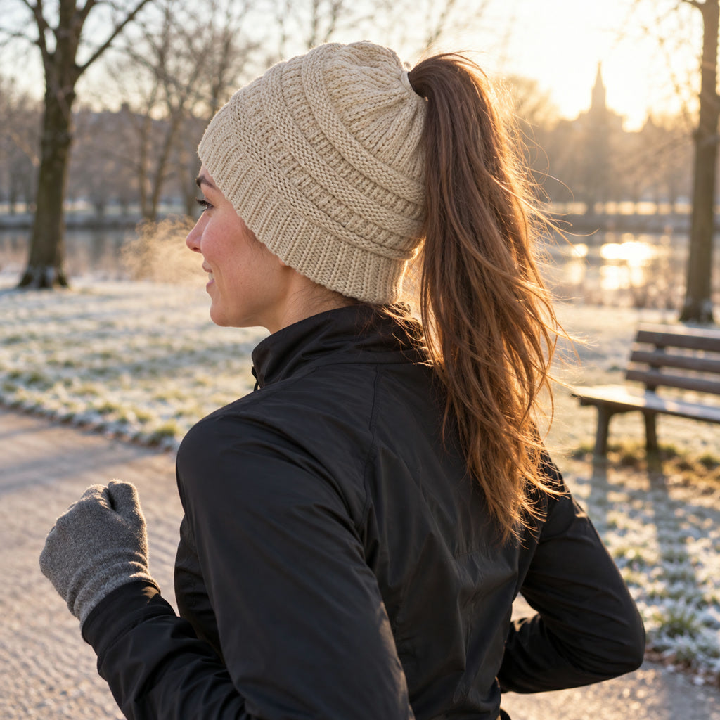 Damen-Beanie mit Zopfloch für Pferdeschwanz und Messy Bun für kalte Tage und Sport – Rippstrick aus Acryl, ca. 20 × 23 cm, 10 Farben