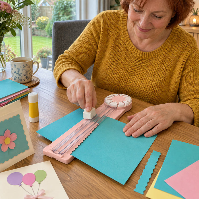 Papierschneider mit 12 Schnittarten für Scrapbooking, Grußkarten und Geschenkpapier – um 360° drehbare Klinge, rutschfester Fuß, Messlineal