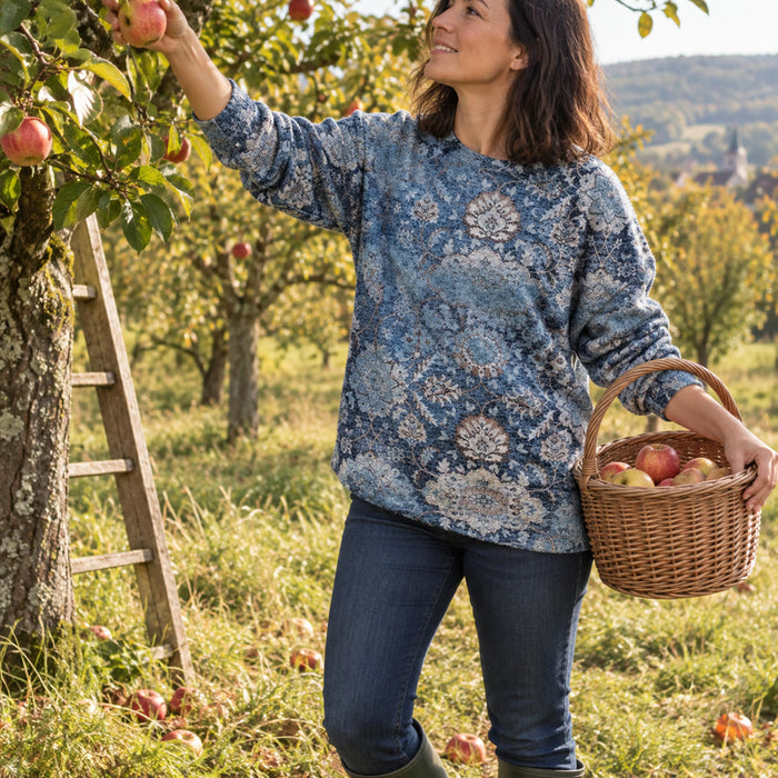 Bedruckter Damenpullover für Frühjahr, Herbst und Winter zu Jeans oder Rock – weich und atmungsaktiv, S bis 2XL, in 5 Farben von Khaki bis Himmelblau