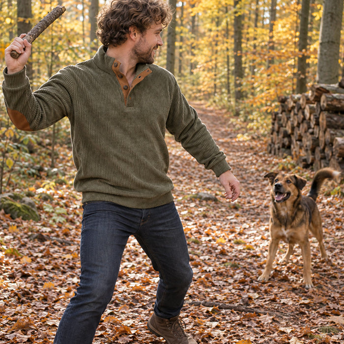 Cord-Pullover für Herren mit Stehkragen und Knöpfen für die kälteren Monate – Polyesterfaser, zu Jeans und Chino, S bis 5XL, Grün oder Beige