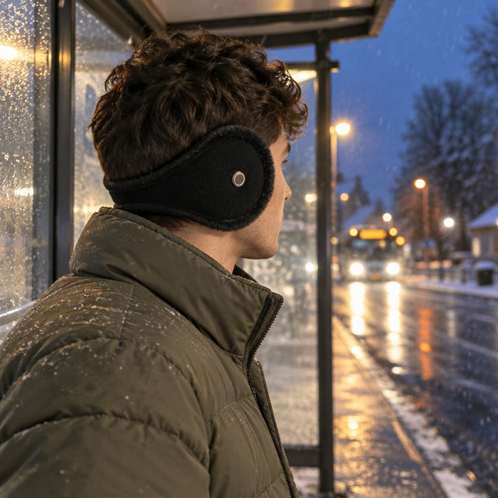 Plüsch-Ohrenwärmer mit Nackenbügel für Damen und Herren im Winter – hinter dem Kopf getragen, frisurschonend, mit Hörloch, in Schwarz und Grau