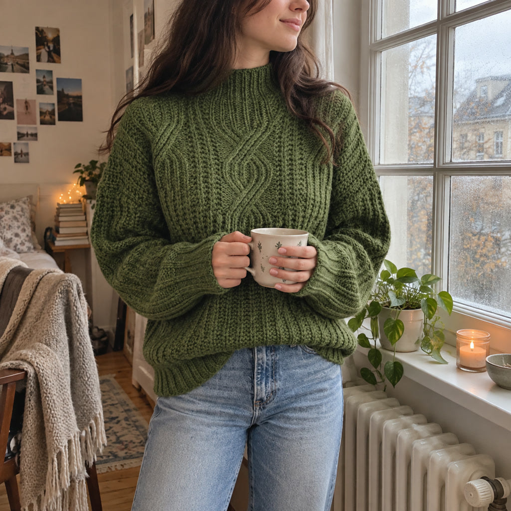 Weicher Strickpullover für Damen mit klassischer Passform für kalte Tage, Frühjahr und Herbst – S bis 2XL, in Grün, Weiß, Grau oder Schwarz
