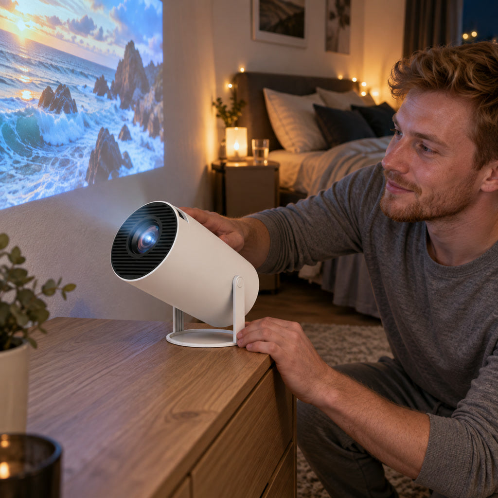 Tragbarer Mini-Beamer mit neigbarem Standfuß, WLAN, Bluetooth und HDMI für Heimkino, Serien und Gaming – Bildgröße 102 bis 330 cm, Lautsprecher, Weiß