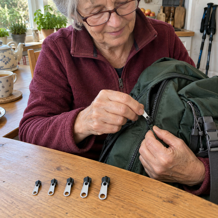 Reißverschluss-Ersatzschieber zum Aufstecken im 6er-Set für Jeans, Jacken, Rucksäcke und Zelte – ohne Werkzeug, Größen 3 bis 10, Aluminium