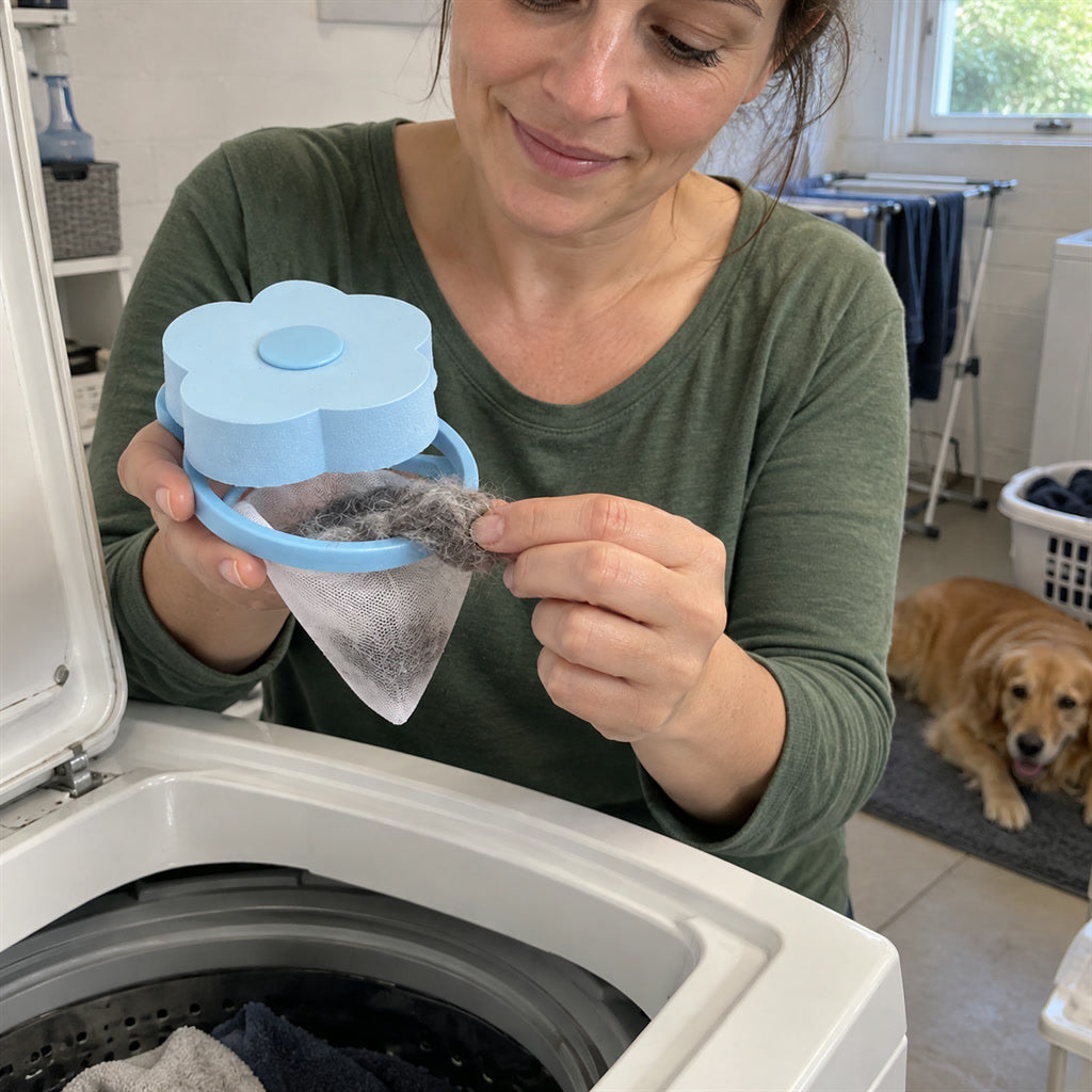 Schwimmender Flusenfänger für die Waschmaschine in Blütenform – Netzbeutel sammelt Fusseln und Tierhaare, wiederverwendbar, in Blau und Rosa