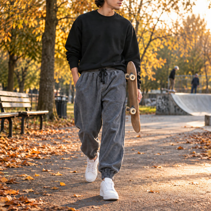 Herren-Cordhose im Jogger-Schnitt mit Tunnelzug und Beinbündchen für Alltag und Freizeit – weicher Cord, S bis 2XL, Dunkelblau, Grau oder Schwarz