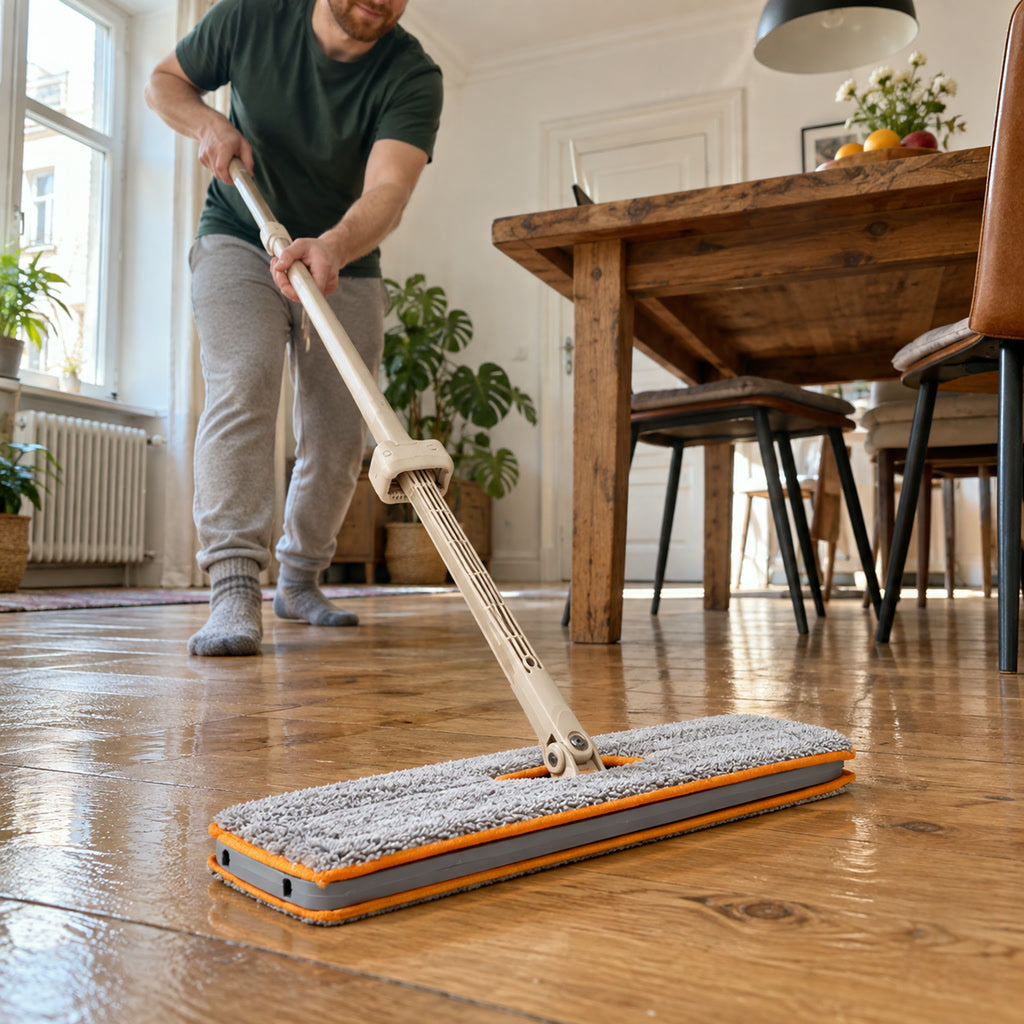 Doppelseitiger Flachwischer mit Selbstauswringfunktion für Böden, Sockelleisten und Wände – Mikrofaser, 360° drehbar, Teleskopstiel aus Stahl