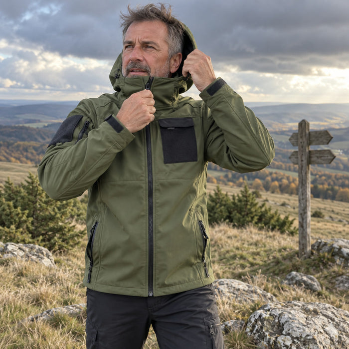 Winddichte Kapuzenjacke im taktischen Design für Outdoor-Aktivitäten und wechselhaftes Wetter – mehrere Taschen, S bis XL, in Grün, Schwarz oder Grau