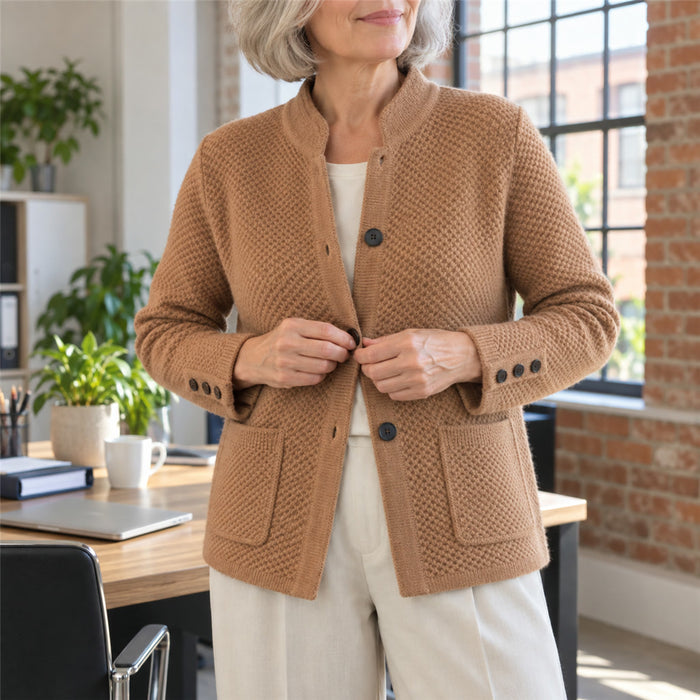 Strick-Blazer für Damen mit Zierknöpfen für Büro und Freizeit – weicher, strukturierter Strick, Einheitsgröße, Brustumfang ca. 104 cm, 3 Farben