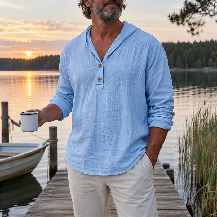 Popover-Hemd für Herren aus Baumwolle und Leinen mit Stehkragen und langen Ärmeln – unifarben, S bis 3XL, in Blau, Schwarz oder Khaki