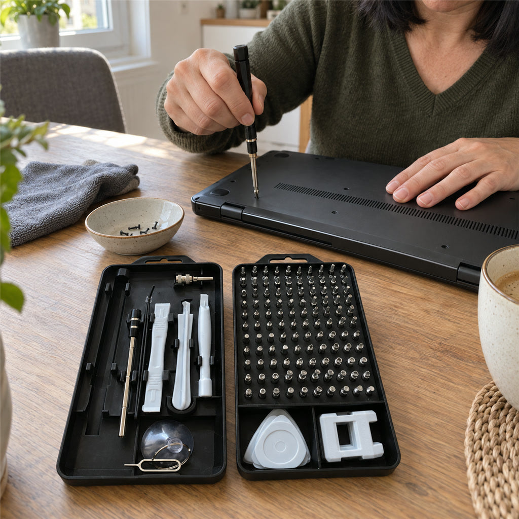 Präzisions-Schraubendreher-Set 115-teilig mit 98 Bits für Handy, Laptop, Konsole und Uhr – Chrom-Vanadium, flexible Welle, Magnetisierer, Koffer