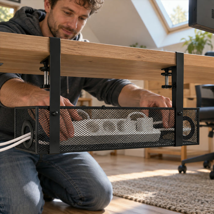 Kabelwanne aus Metallgitter zur Montage unter dem Schreibtisch für Büro und Homeoffice – Klemmhalterung, Kabeldurchführungen, Stahl, Schwarz oder Weiß