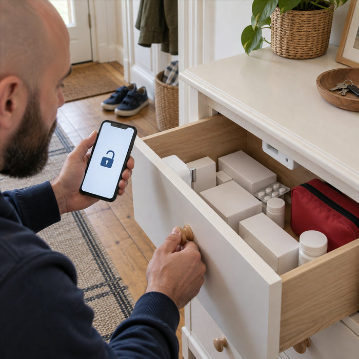 Verdecktes Bluetooth-Schubladenschloss mit App für Schubladen und Schränke als Kindersicherung – Öffnen per Smartphone, bis ca. 10 m, 2 × AAA