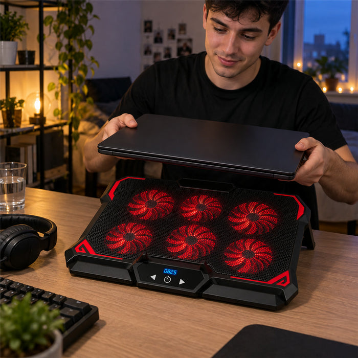 Laptop-Kühler für Gaming mit 6 LED-Lüftern für Laptops bis 17 Zoll – bis 2600 U/min, 2 USB-Ports, auch als Ständer, ca. 41,7 × 30 cm