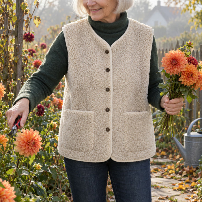 Ärmellose Teddy-Weste für Damen mit Knopfleiste und aufgesetzten Taschen für kühle Tage – flauschige Teddyfell-Optik, S bis XL, in 3 Farben