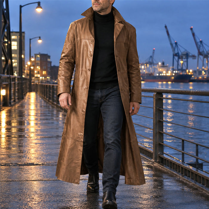 Herren-Ledermantel mit klassischem Schnitt für Büro und Abend – wärmend, Innentaschen, S bis 3XL, in Schwarz, Dunkelblau, Khaki oder Weinrot