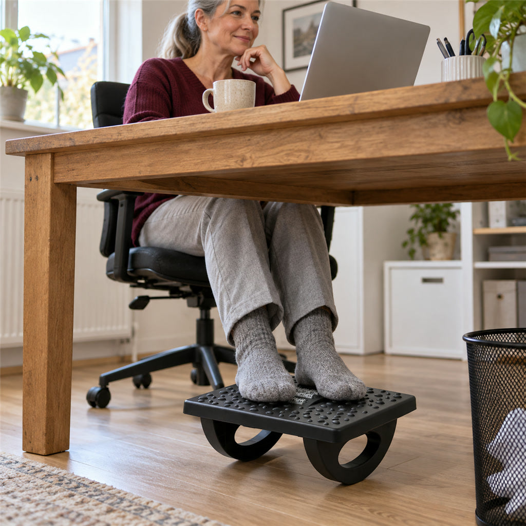 Ergonomische Fußstütze für unter den Schreibtisch mit Massagerollen und Noppen für Büro und Homeoffice – 180° Wippfunktion, rutschfest, runde Ecken