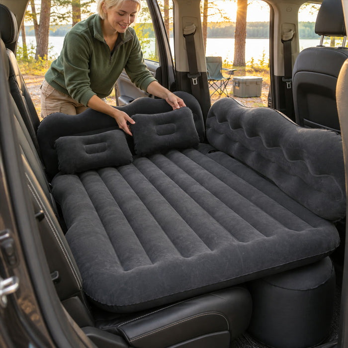 Aufblasbare Auto-Luftmatratze aus PVC mit Beflockung für Rücksitzbank, Camping und Roadtrips – mit Kfz-Luftpumpe, Kopfstützen, Getränkehalter