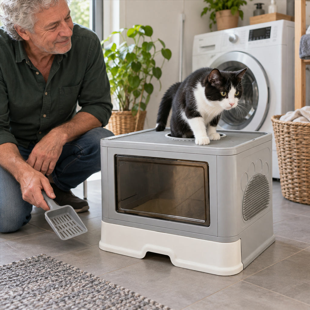 Geschlossene Katzentoilette mit Einstieg vorn und Ausstieg oben für Katzen bis 10 kg – 50 × 38 × 37 cm, faltbar, mit Schublade und Schaufel