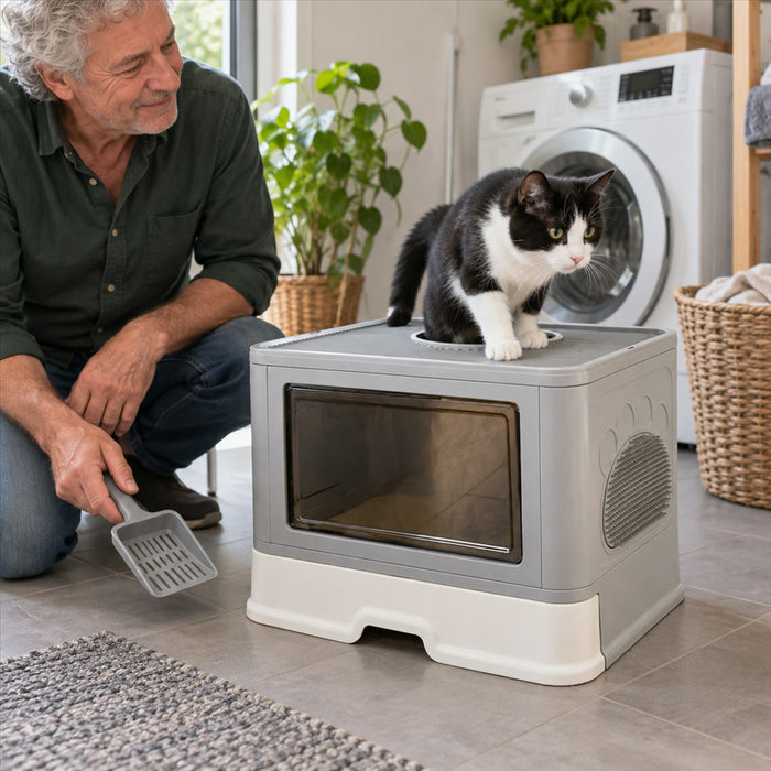 Geschlossene Katzentoilette mit Einstieg vorn und Ausstieg oben für Katzen bis 10 kg – 50 × 38 × 37 cm, faltbar, mit Schublade und Schaufel