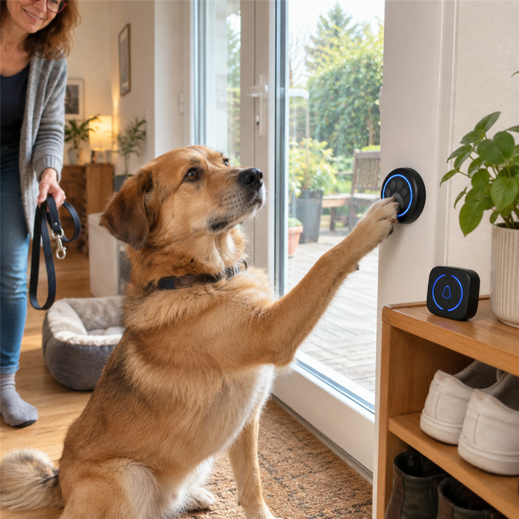 Kabellose Tierklingel mit Touch-Taste für Hunde und Katzen an Tür, Wand oder Glas – 300 m Reichweite, 60 Melodien, 5 Lautstärken, wasserdicht