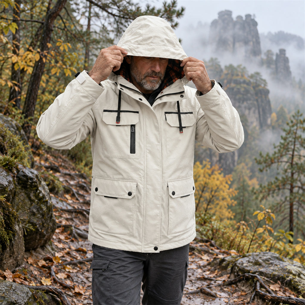 Wind- und wasserdichte Outdoorjacke für Herren mit verstellbarer, abnehmbarer Kapuze für Wandern und Camping – atmungsaktiv, XS bis 2XL, 4 Farben